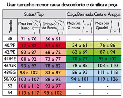 Tabela de medidas DeMillus